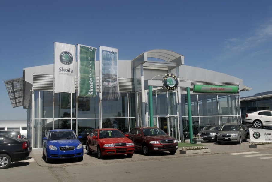Здание дилерского центра ŠKODA с флагами и вывеской марки
